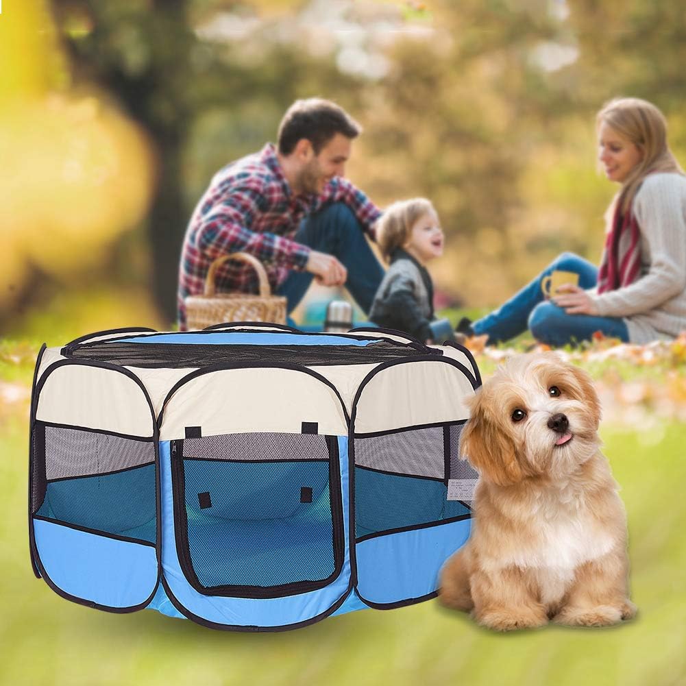 Blue Foldable Pet Dog Playpen, Pop Up Portable Cat Playpen, Indoor/Outdoor for Kitten Puppy Play Pen, Cats Crate Tent with Carrying Bag