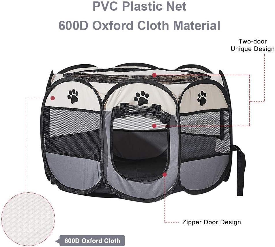 Grey Foldable Pet Dog Playpen, Pop Up Portable Cat Playpen, Indoor/Outdoor for Kitten Puppy Play Pen, Cats Crate Tent with Carrying Bag