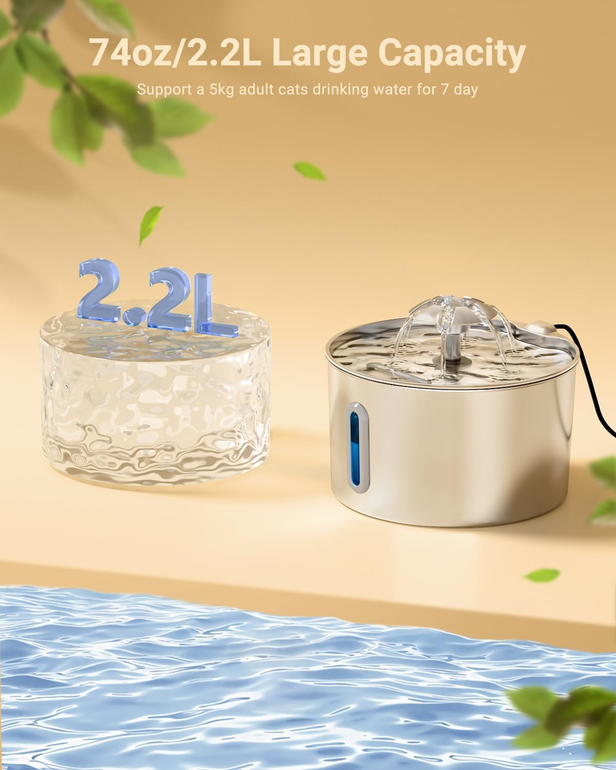Cat water fountain, pet water fountain made of stainless steel, automatic.
