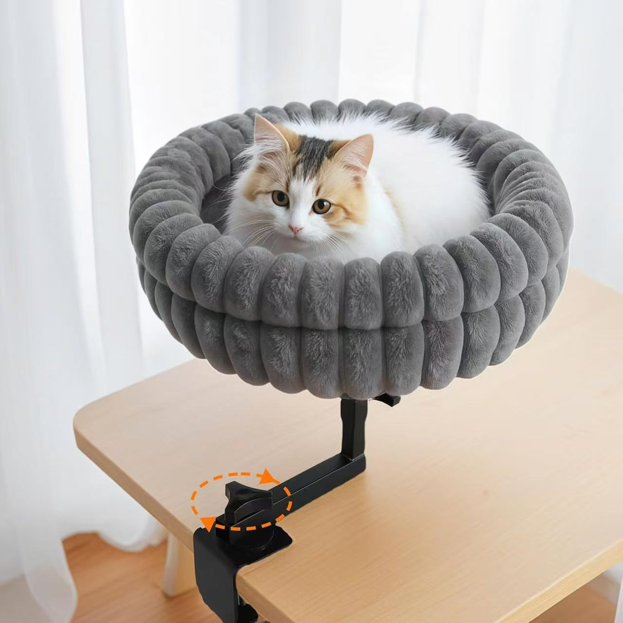 Cat Desk Bed - 360° Rotating,Clamp On Cat Bed for Desks, Adjustable High Support Up to80 lbs for Office, Game Table, Island Tables, Desktop Attachment Hammock
