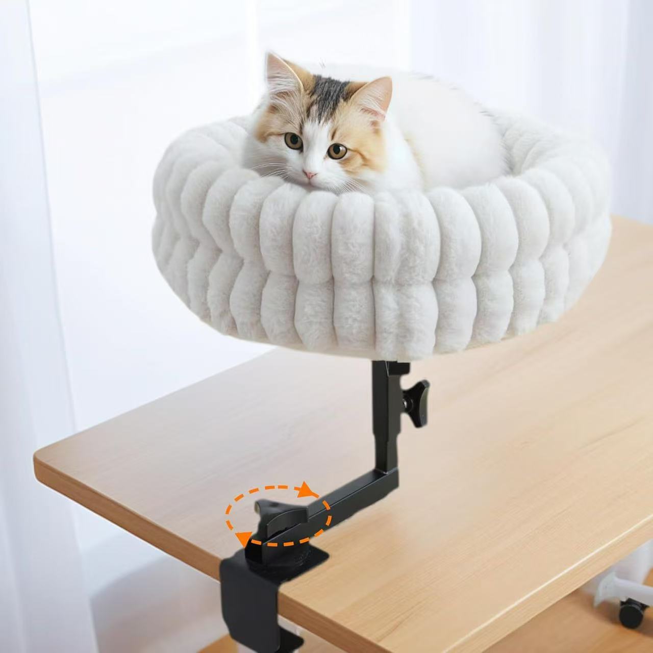 Cat Desk Bed - 360° Rotating,Clamp On Cat Bed for Desks, Adjustable High Support Up to80 lbs for Office, Game Table, Island Tables, Desktop Attachment Hammock