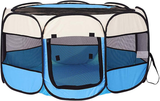 Blue Foldable Pet Dog Playpen, Pop Up Portable Cat Playpen, Indoor/Outdoor for Kitten Puppy Play Pen, Cats Crate Tent with Carrying Bag