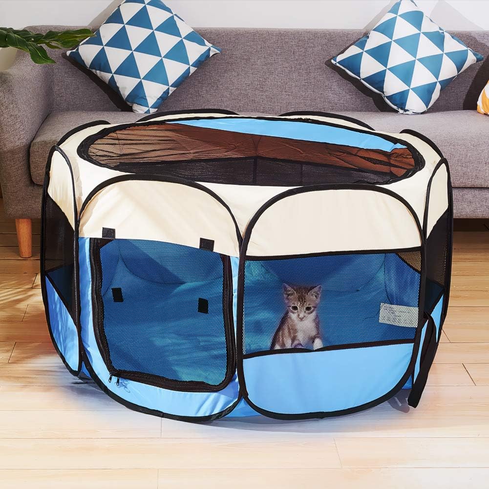 Blue Foldable Pet Dog Playpen, Pop Up Portable Cat Playpen, Indoor/Outdoor for Kitten Puppy Play Pen, Cats Crate Tent with Carrying Bag