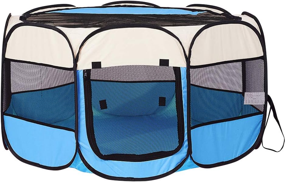 Blue Foldable Pet Dog Playpen, Pop Up Portable Cat Playpen, Indoor/Outdoor for Kitten Puppy Play Pen, Cats Crate Tent with Carrying Bag