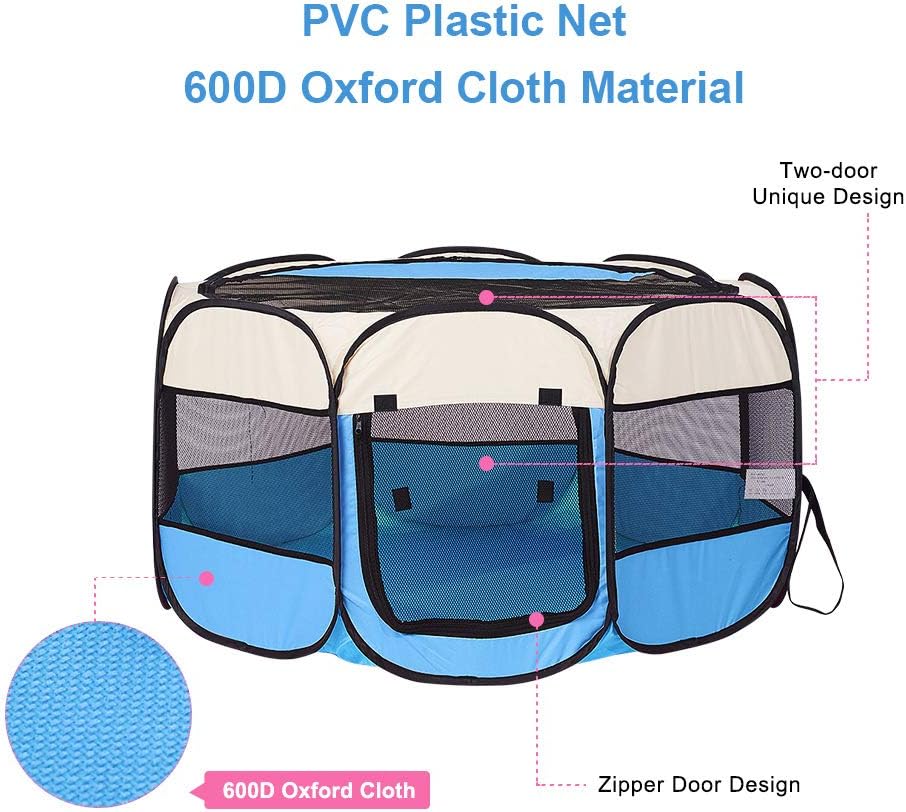 Blue Foldable Pet Dog Playpen, Pop Up Portable Cat Playpen, Indoor/Outdoor for Kitten Puppy Play Pen, Cats Crate Tent with Carrying Bag