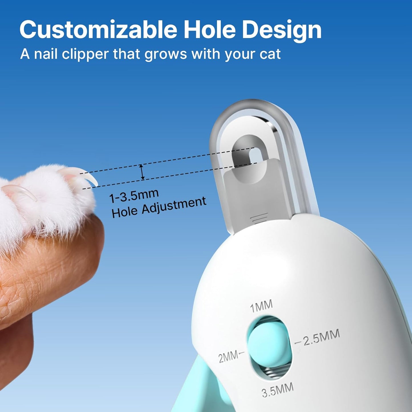 Cat Nail Clipper with Adjustable 3-Size Trimming Hole & Hidden Nail File | Safe Toenail Trimmer for Kittens & Indoor Cats | Anti-Splash Claw Cutter for Grooming (Blue)