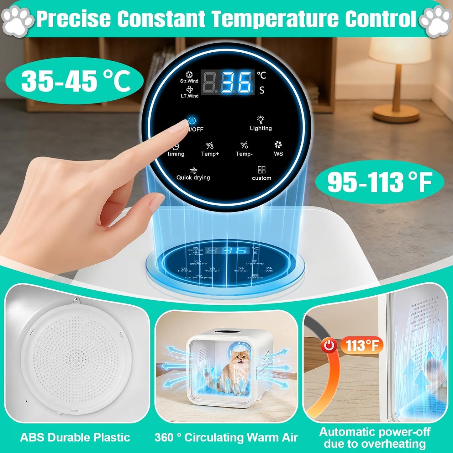Automatic Pet Hair Dryer Box,Powerful Motor Fans Blower for Cats and Small Dogs,360° Drying,Temperature Control,Self-Dryer Boxes with 3 Adjustable Speed Settings&Quick Drying Modes