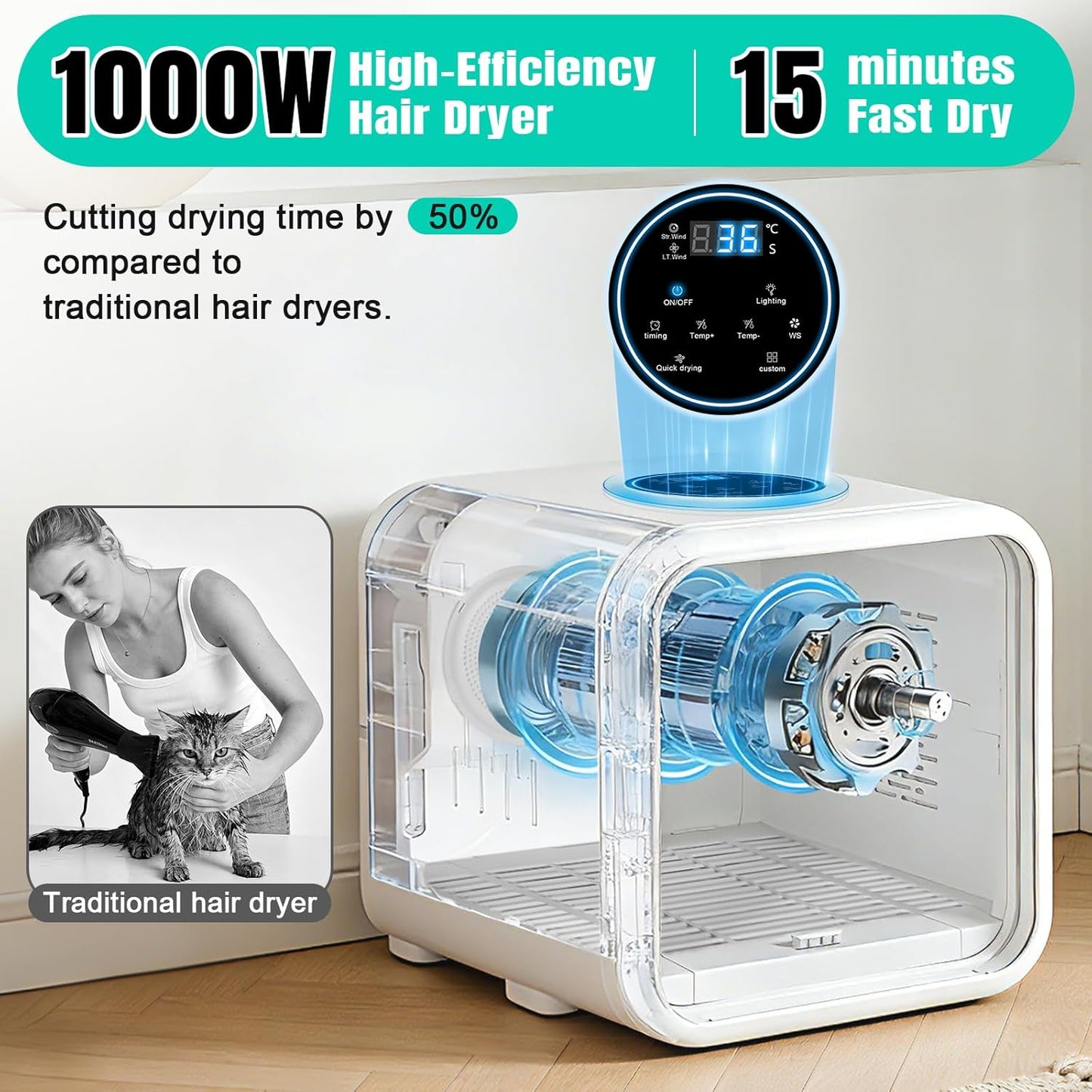 Automatic Pet Hair Dryer Box,Powerful Motor Fans Blower for Cats and Small Dogs,360° Drying,Temperature Control,Self-Dryer Boxes with 3 Adjustable Speed Settings&Quick Drying Modes
