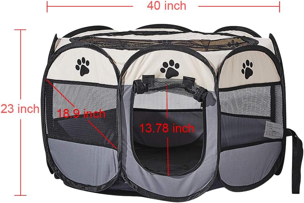 Grey Foldable Pet Dog Playpen, Pop Up Portable Cat Playpen, Indoor/Outdoor for Kitten Puppy Play Pen, Cats Crate Tent with Carrying Bag