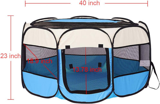 Blue Foldable Pet Dog Playpen, Pop Up Portable Cat Playpen, Indoor/Outdoor for Kitten Puppy Play Pen, Cats Crate Tent with Carrying Bag
