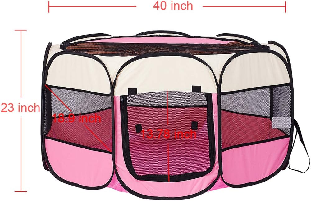 Pink Foldable Pet Dog Playpen, Pop Up Portable Cat Playpen, Indoor/Outdoor for Kitten Puppy Play Pen, Cats Crate Tent with Carrying Bag