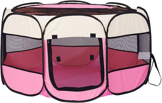 Pink Foldable Pet Dog Playpen, Pop Up Portable Cat Playpen, Indoor/Outdoor for Kitten Puppy Play Pen, Cats Crate Tent with Carrying Bag