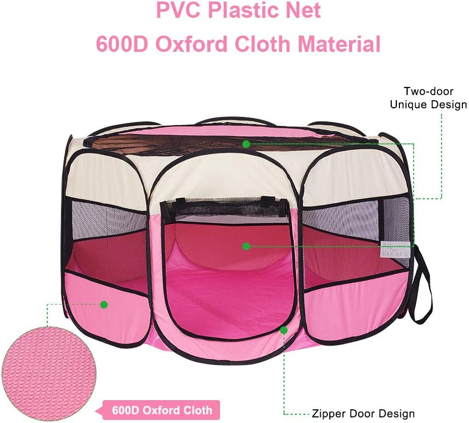 Pink Foldable Pet Dog Playpen, Pop Up Portable Cat Playpen, Indoor/Outdoor for Kitten Puppy Play Pen, Cats Crate Tent with Carrying Bag