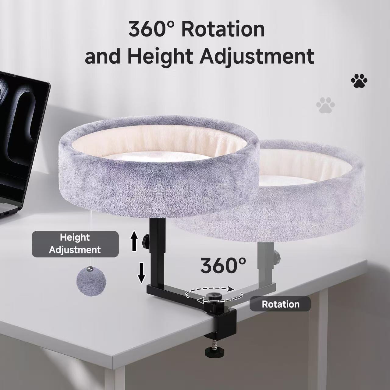 Cat Desk Bed - 360° Rotating,Clamp On Cat Bed for Desks, Adjustable High Support Up to80 lbs for Office, Game Table, Island Tables, Desktop Attachment Hammock