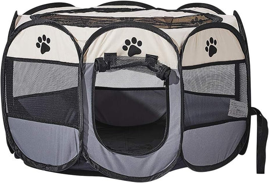 Grey Foldable Pet Dog Playpen, Pop Up Portable Cat Playpen, Indoor/Outdoor for Kitten Puppy Play Pen, Cats Crate Tent with Carrying Bag