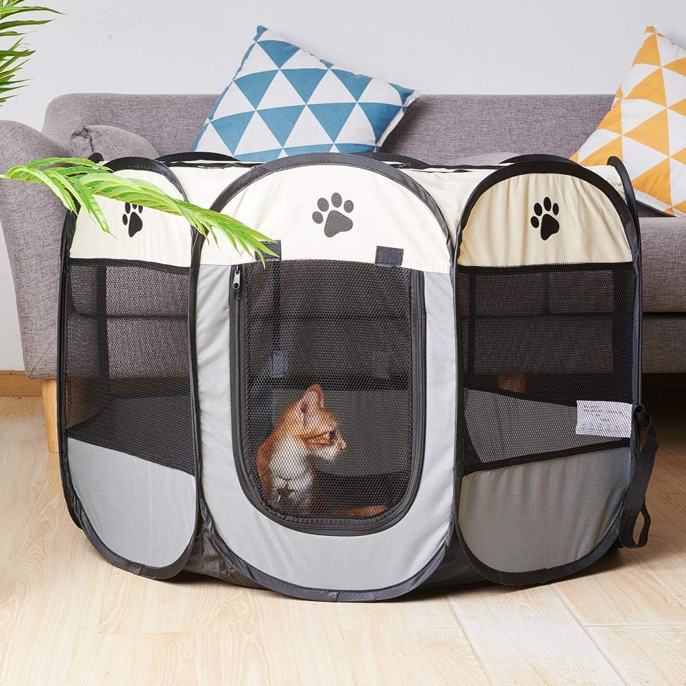Grey Foldable Pet Dog Playpen, Pop Up Portable Cat Playpen, Indoor/Outdoor for Kitten Puppy Play Pen, Cats Crate Tent with Carrying Bag