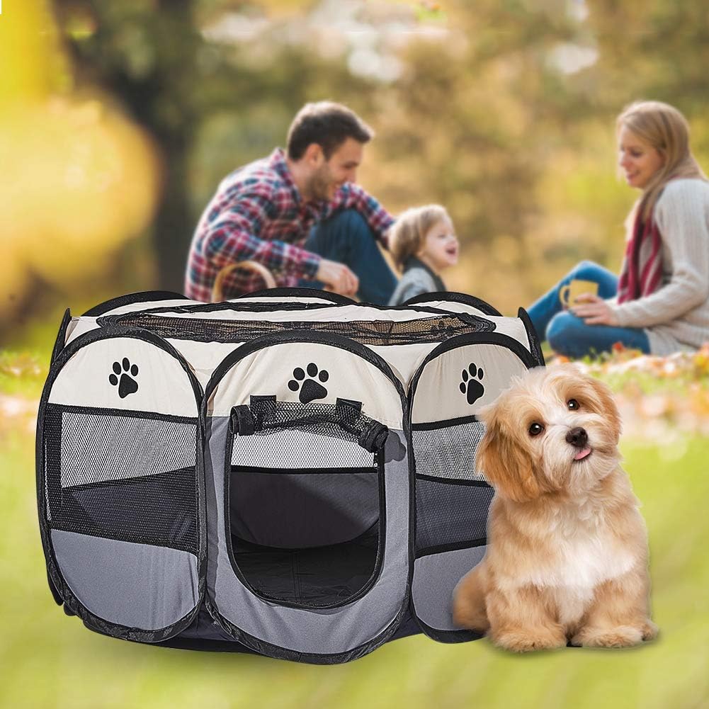 Grey Foldable Pet Dog Playpen, Pop Up Portable Cat Playpen, Indoor/Outdoor for Kitten Puppy Play Pen, Cats Crate Tent with Carrying Bag