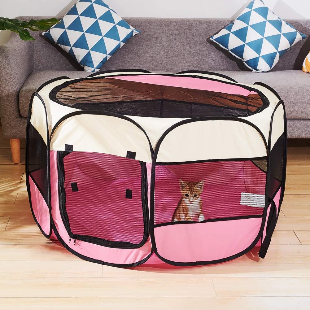 Pink Foldable Pet Dog Playpen, Pop Up Portable Cat Playpen, Indoor/Outdoor for Kitten Puppy Play Pen, Cats Crate Tent with Carrying Bag