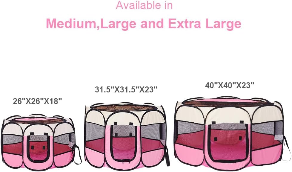 Pink Foldable Pet Dog Playpen, Pop Up Portable Cat Playpen, Indoor/Outdoor for Kitten Puppy Play Pen, Cats Crate Tent with Carrying Bag